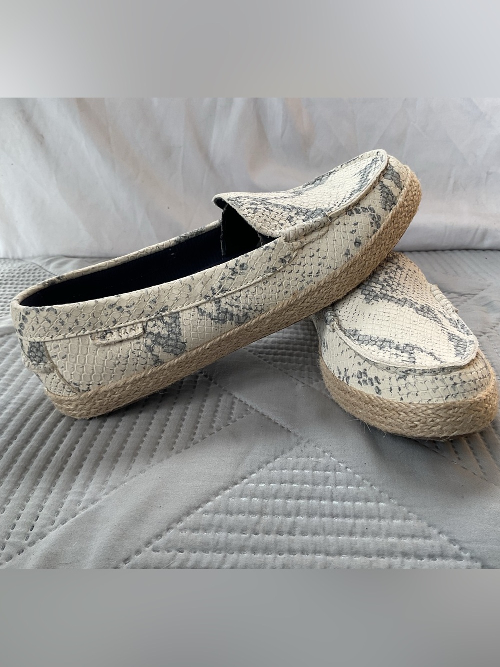 Snake-Print Espadrille Loafers in Cream and Gray